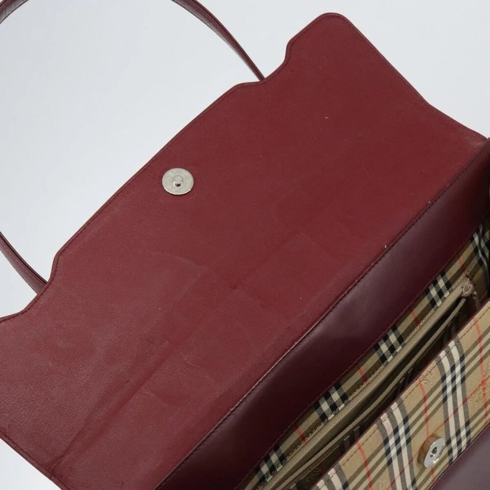 BURBERRY Nova Check Hand Bag Canvas Leather Bordeaux Beige Auth - Picture 10 of 16